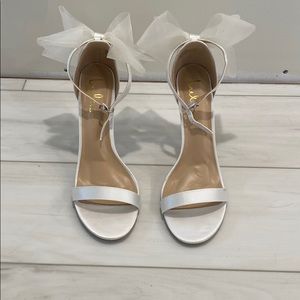 Lulu’s Ayanna Ivory Satin Bow Ankle Strap Heels